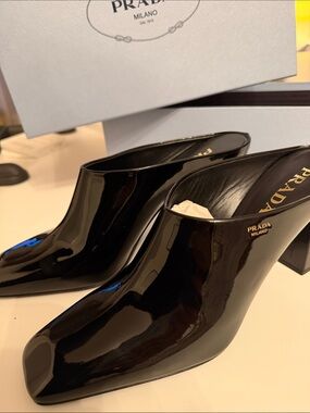 Prada Black Patent Leather Block Heel Mule with Gold Logo